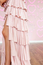 Elegant Pink Off The Shoulder A-Line Corset Prom Dress With Ruffled Details and Beading