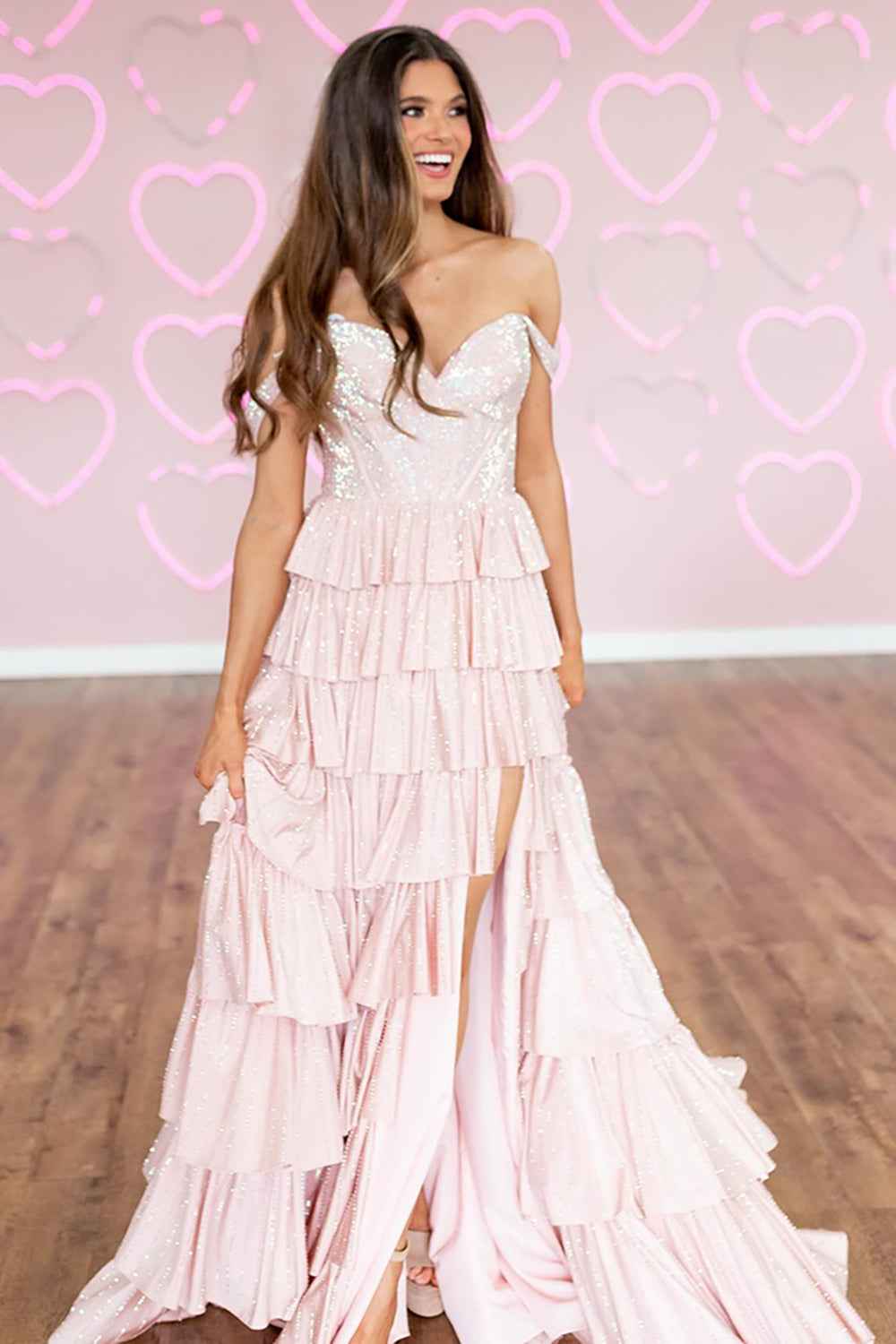 Elegant Pink Off The Shoulder A-Line Corset Prom Dress With Ruffled Details and Beading