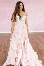 Elegant Pink Off The Shoulder A-Line Corset Prom Dress With Ruffled Details and Beading