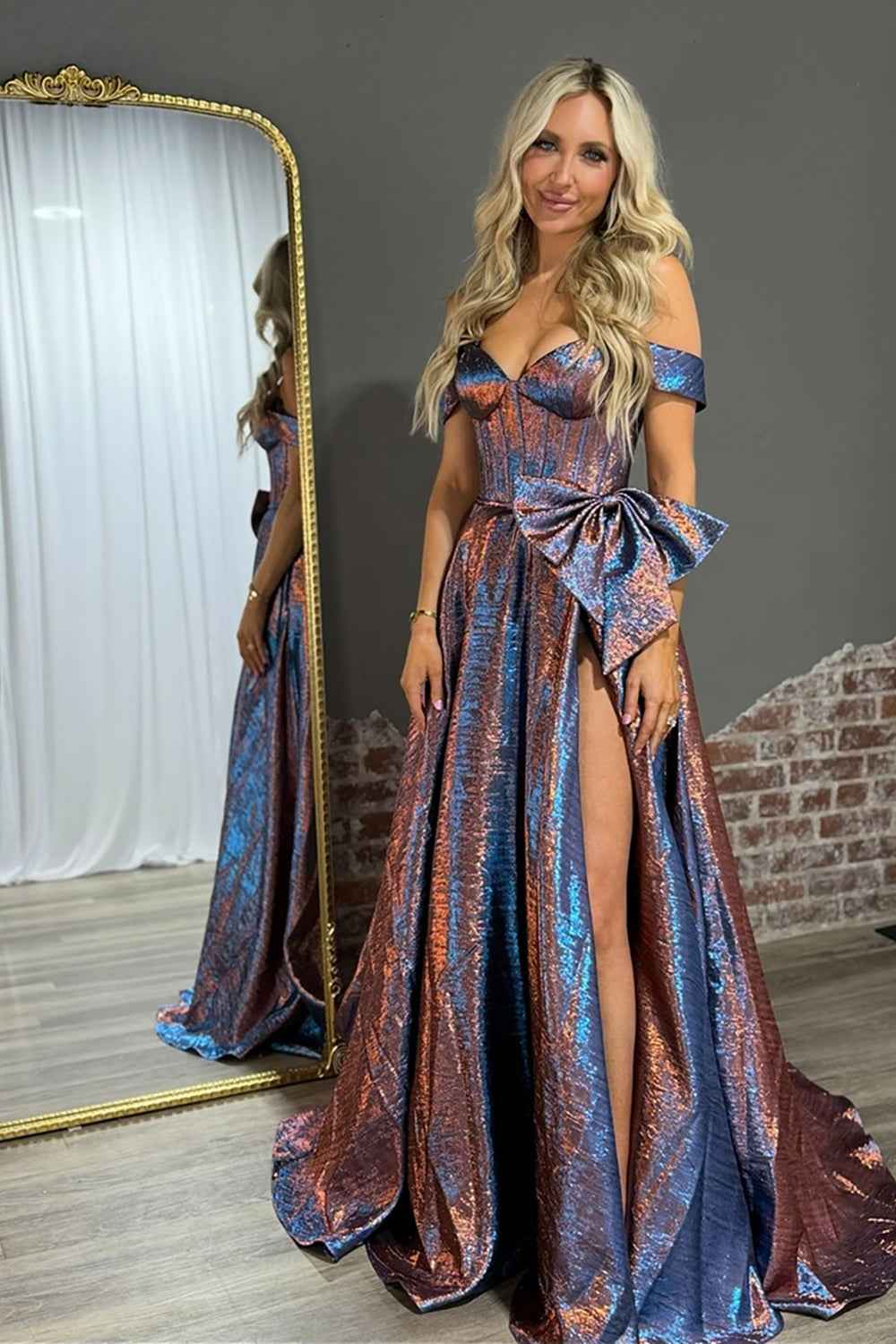 Sparkly Blue Metallic Off Shoulder Corset A-Line Prom Dress