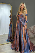 Sparkly Blue Metallic Off Shoulder Corset A-Line Prom Dress