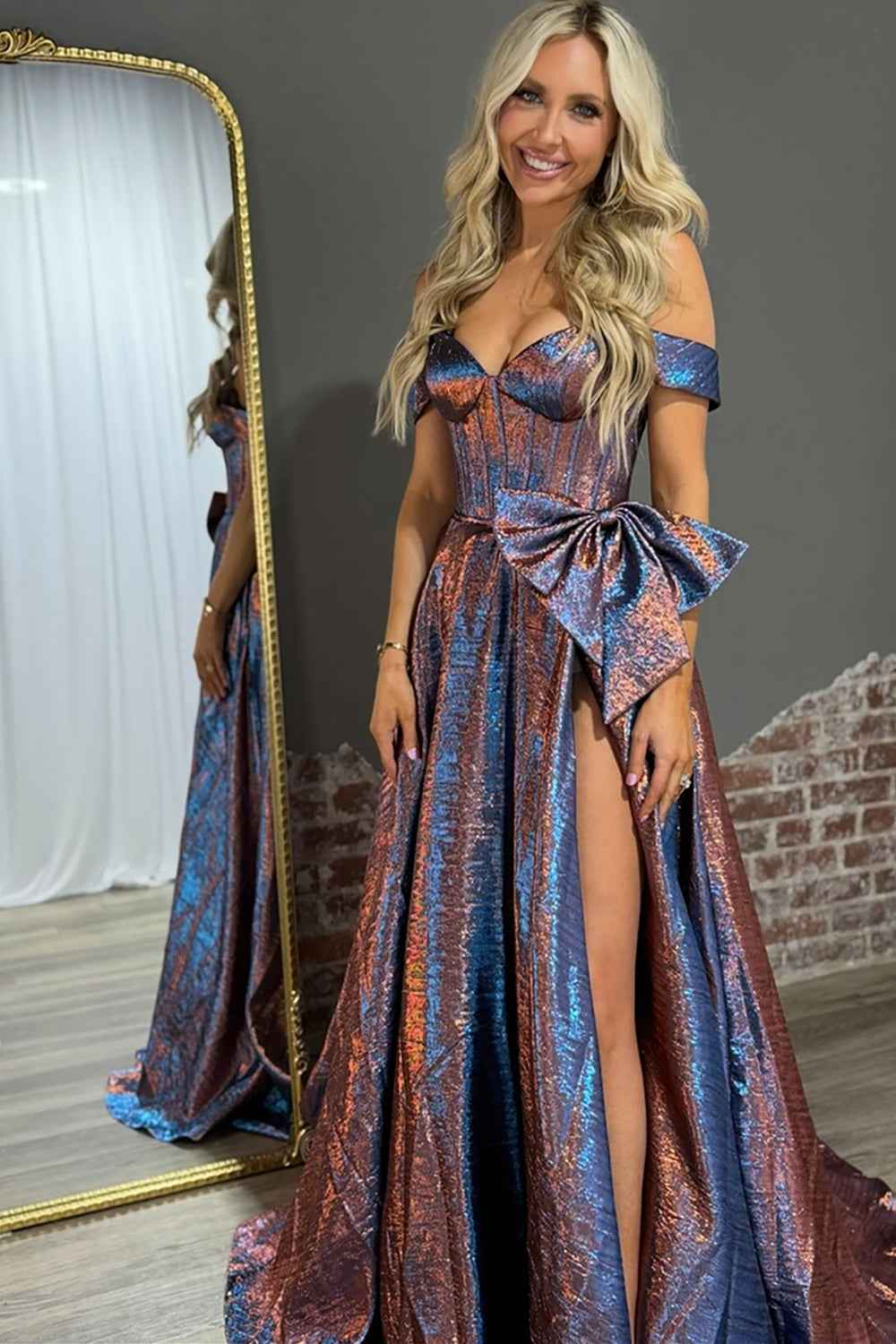 Sparkly Blue Metallic Off Shoulder Corset A-Line Prom Dress
