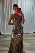 Sparkly Gold Metallic Ruched Mermaid Long Prom Dress With Slit