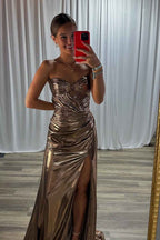 Sparkly Gold Metallic Ruched Mermaid Long Prom Dress With Slit