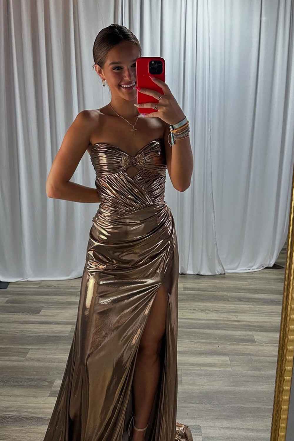 Sparkly Gold Metallic Ruched Mermaid Long Prom Dress With Slit