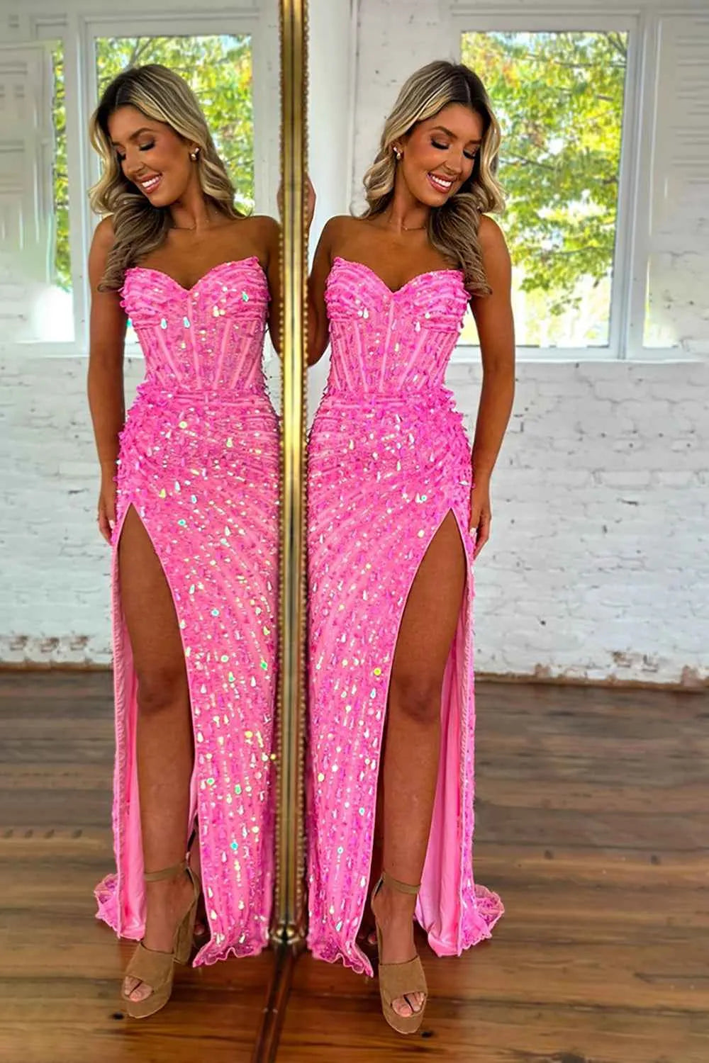 Sparkly Gold Fully Beaded Prom Dress With Deep V Neck Slit And Open Back