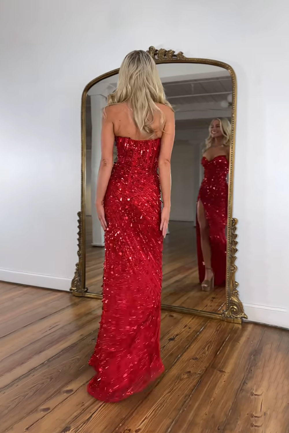 Sparkly Gold Mermaid Sequins Sweetheart Long Corset Prom Dress with Slit