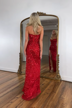 Sparkly Gold Mermaid Sequins Sweetheart Long Corset Prom Dress with Slit