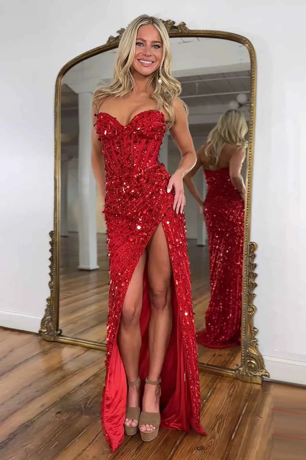 Sparkly Gold Fully Beaded Prom Dress With Deep V Neck Slit And Open Back
