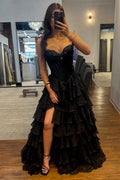 Black Sweetheart Princess Ruffled Long Corset Prom Dress
