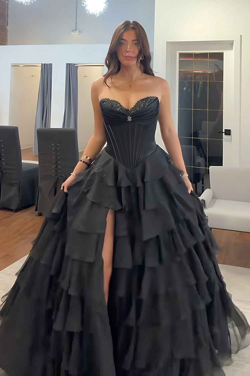 Black Sweetheart Princess Ruffled Long Corset Prom Dress