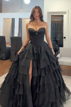 Black Sweetheart Princess Ruffled Long Corset Prom Dress