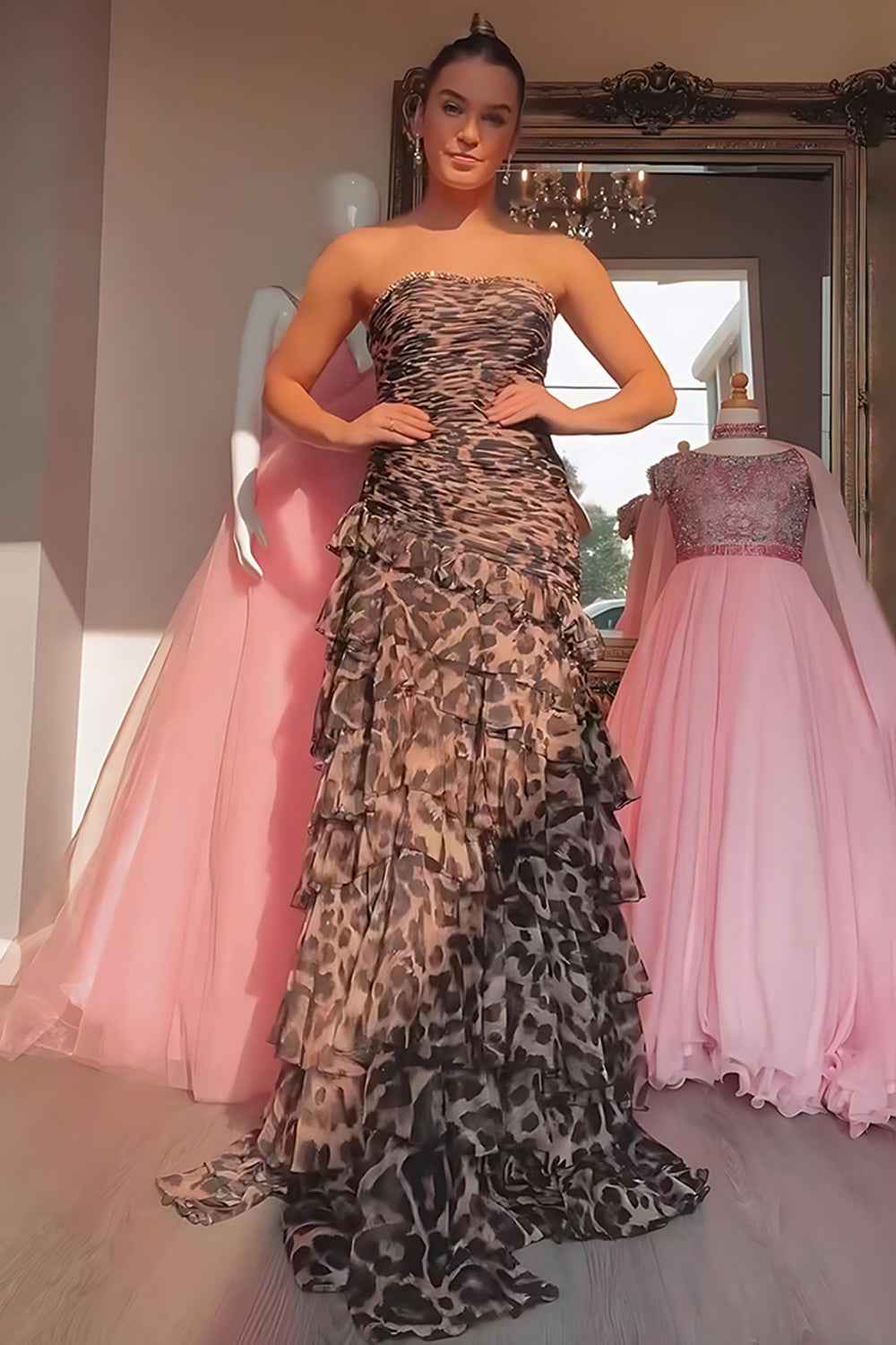 Sparkly Brown Leopard Beaded Strapless Tiered Prom Dress