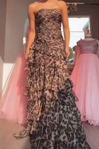 Sparkly Brown Leopard Beaded Strapless Tiered Prom Dress