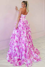 Sparkly Fuchsia Floral Sweetheart Tiered Corset Long Prom Dress