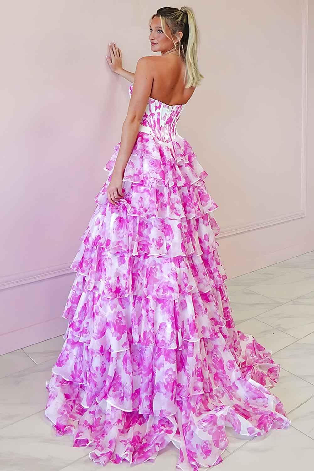Sparkly Fuchsia Floral Sweetheart Tiered Corset Long Prom Dress