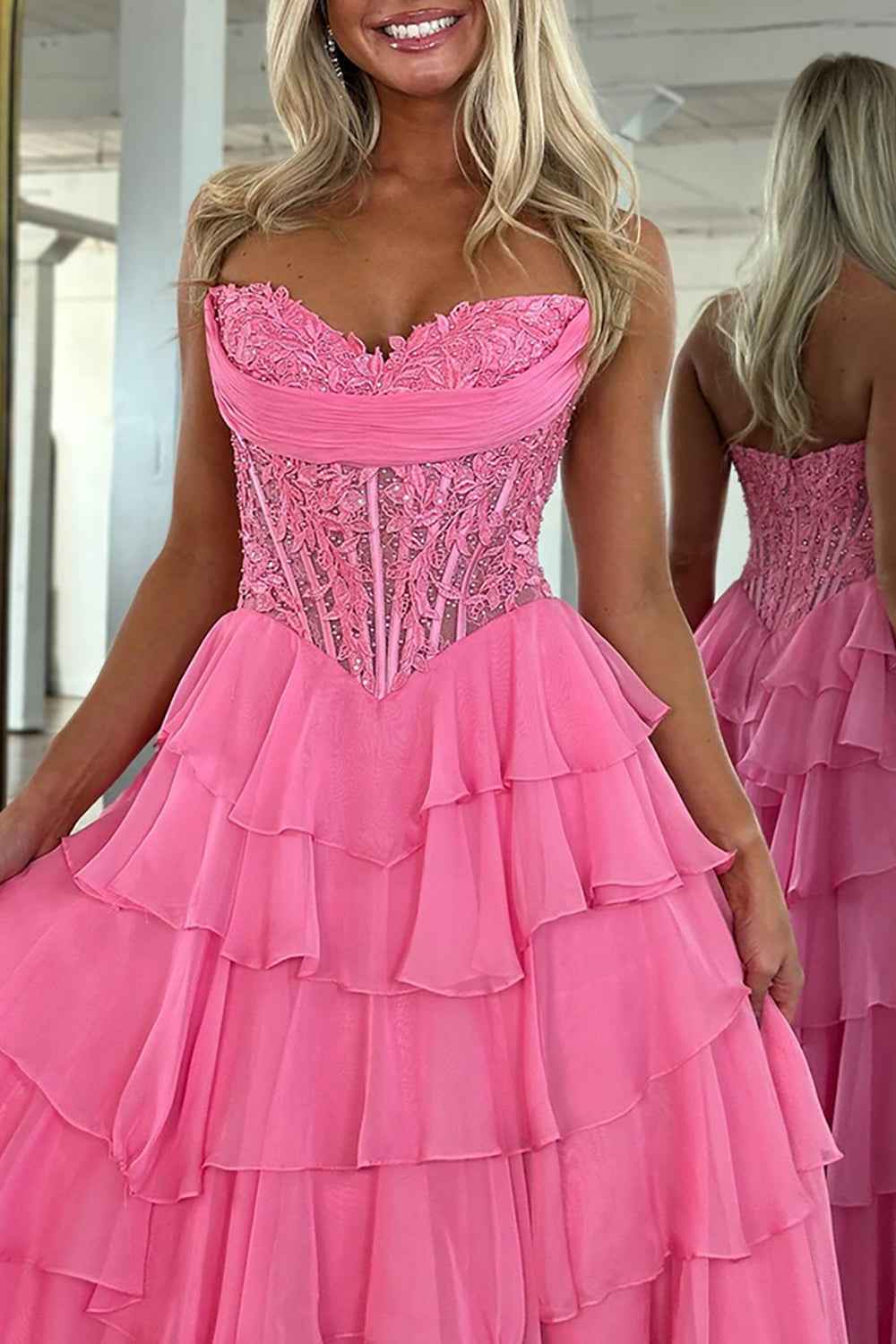 Red A Line Sweetheart Tiered Ruffled Beaded Corset Prom Dress With Lace