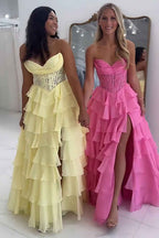 Red A Line Sweetheart Tiered Ruffled Beaded Corset Prom Dress With Lace
