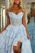 Red A Line Sweetheart Tiered Ruffled Beaded Corset Prom Dress With Lace