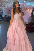 Red A Line Sweetheart Tiered Ruffled Beaded Corset Prom Dress With Lace