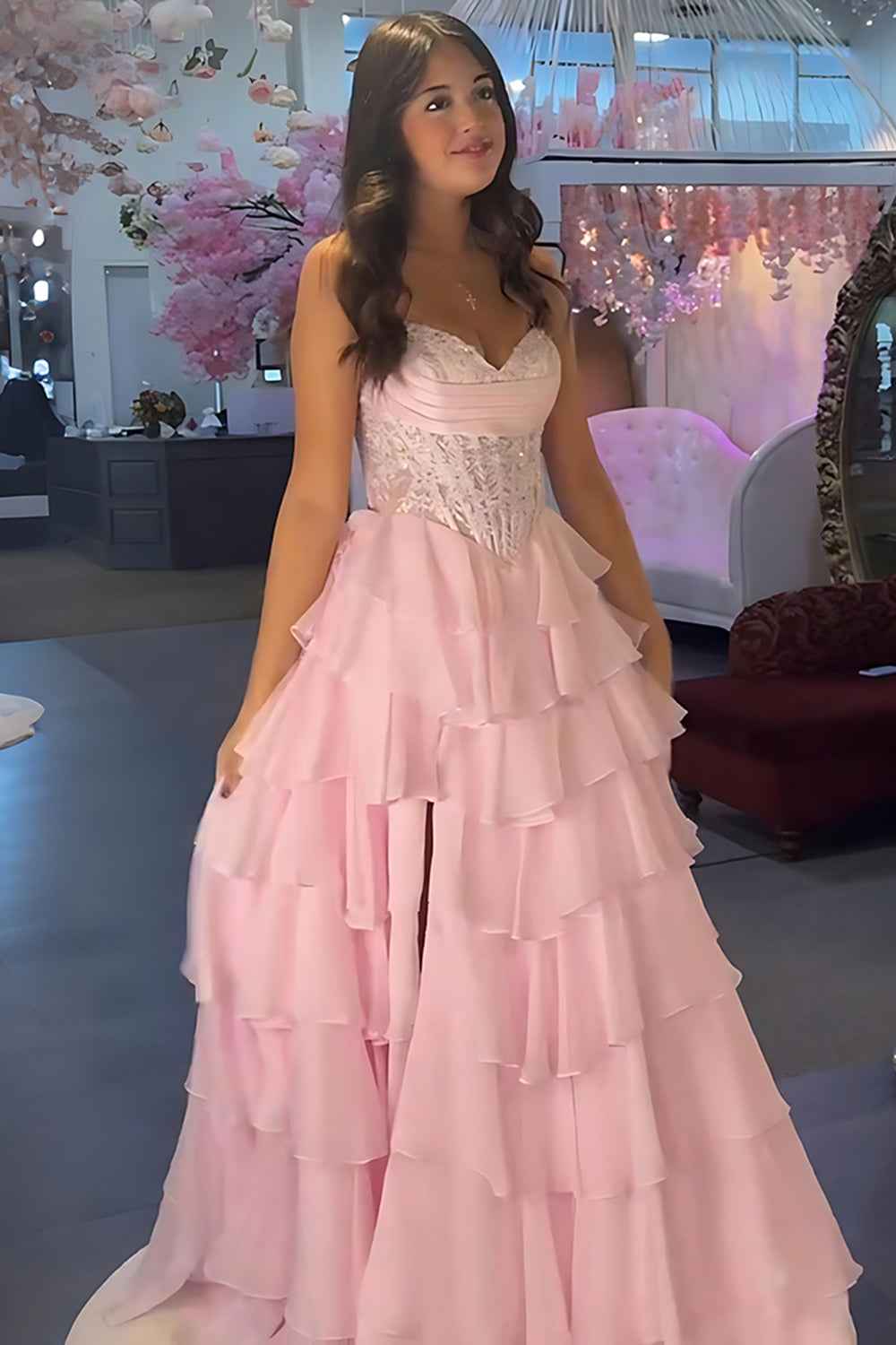 Red A Line Sweetheart Tiered Ruffled Beaded Corset Prom Dress With Lace