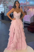 Red A Line Sweetheart Tiered Ruffled Beaded Corset Prom Dress With Lace