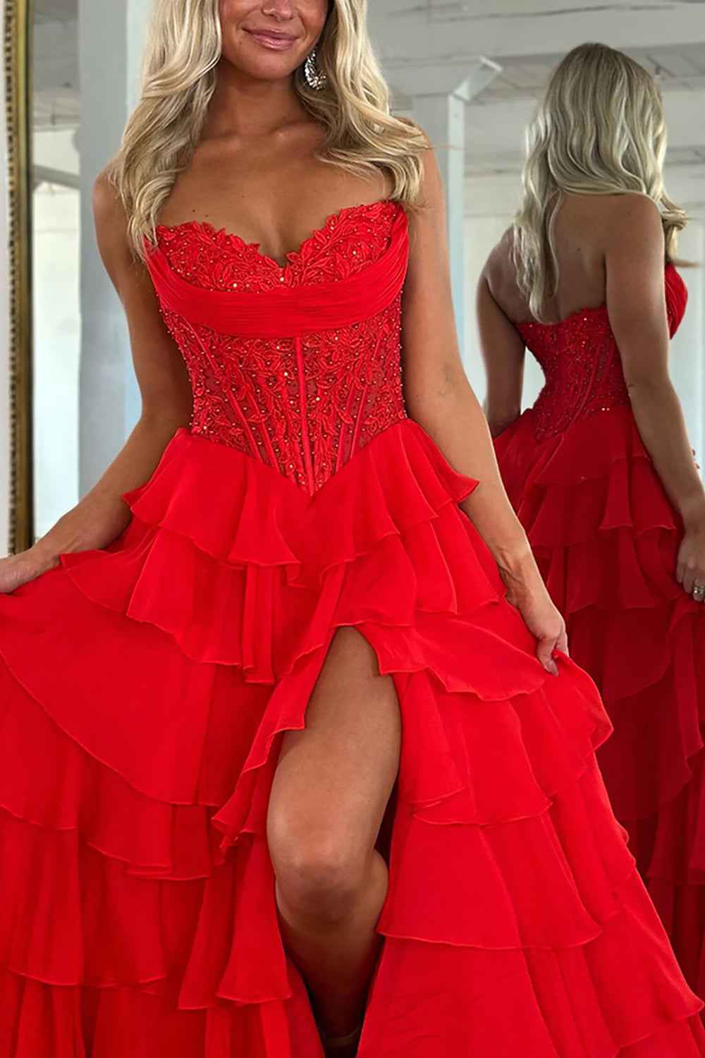 Red A Line Sweetheart Tiered Ruffled Beaded Corset Prom Dress With Lace