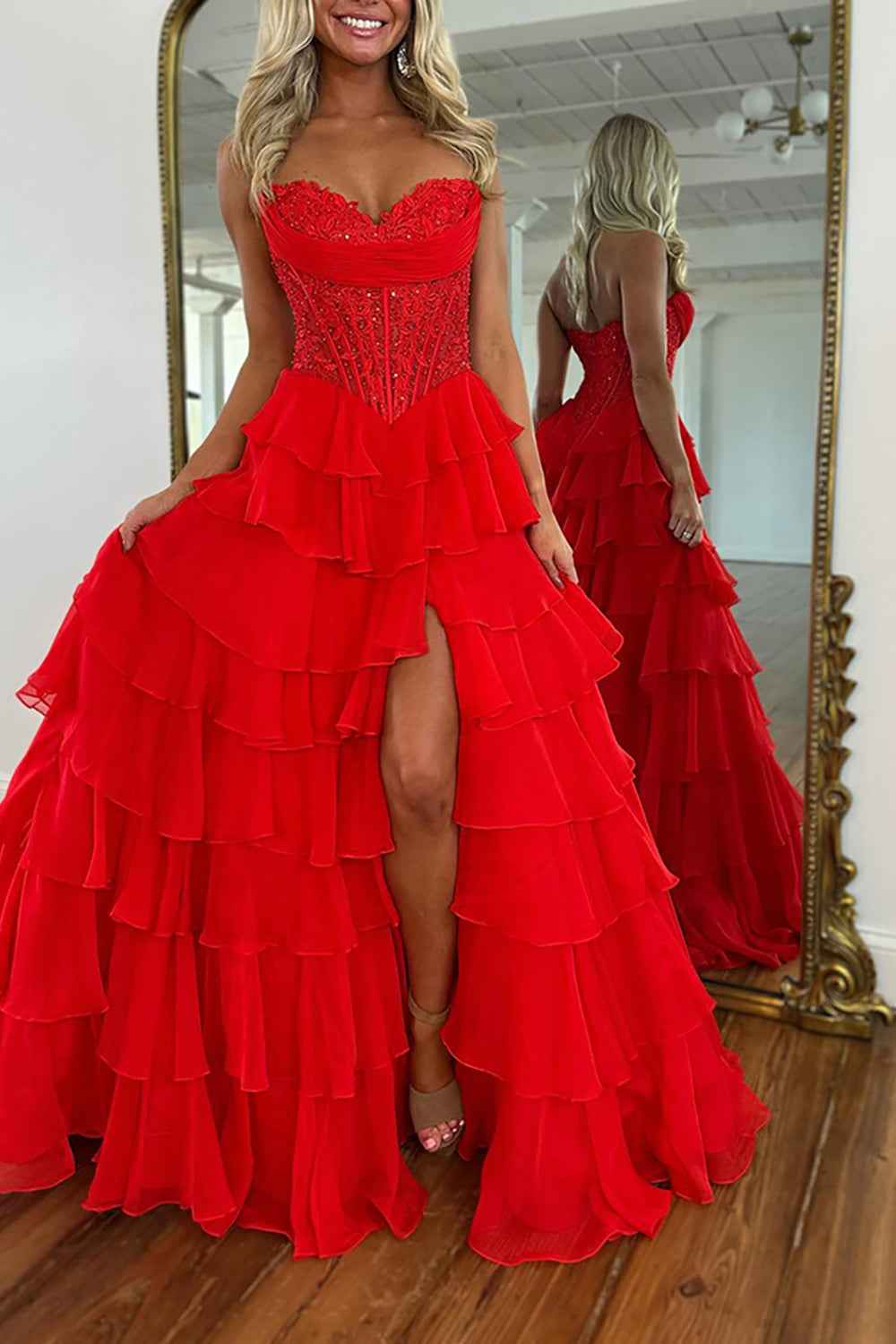 Red A Line Sweetheart Tiered Ruffled Beaded Corset Prom Dress With Lace