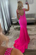Sparkly Peacock Blue Mermaid V Neck Beaded Long Prom Dress With Slit
