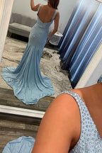 Sparkly Peacock Blue Mermaid V Neck Beaded Long Prom Dress With Slit