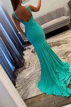 Sparkly Peacock Blue Mermaid V Neck Beaded Long Prom Dress With Slit