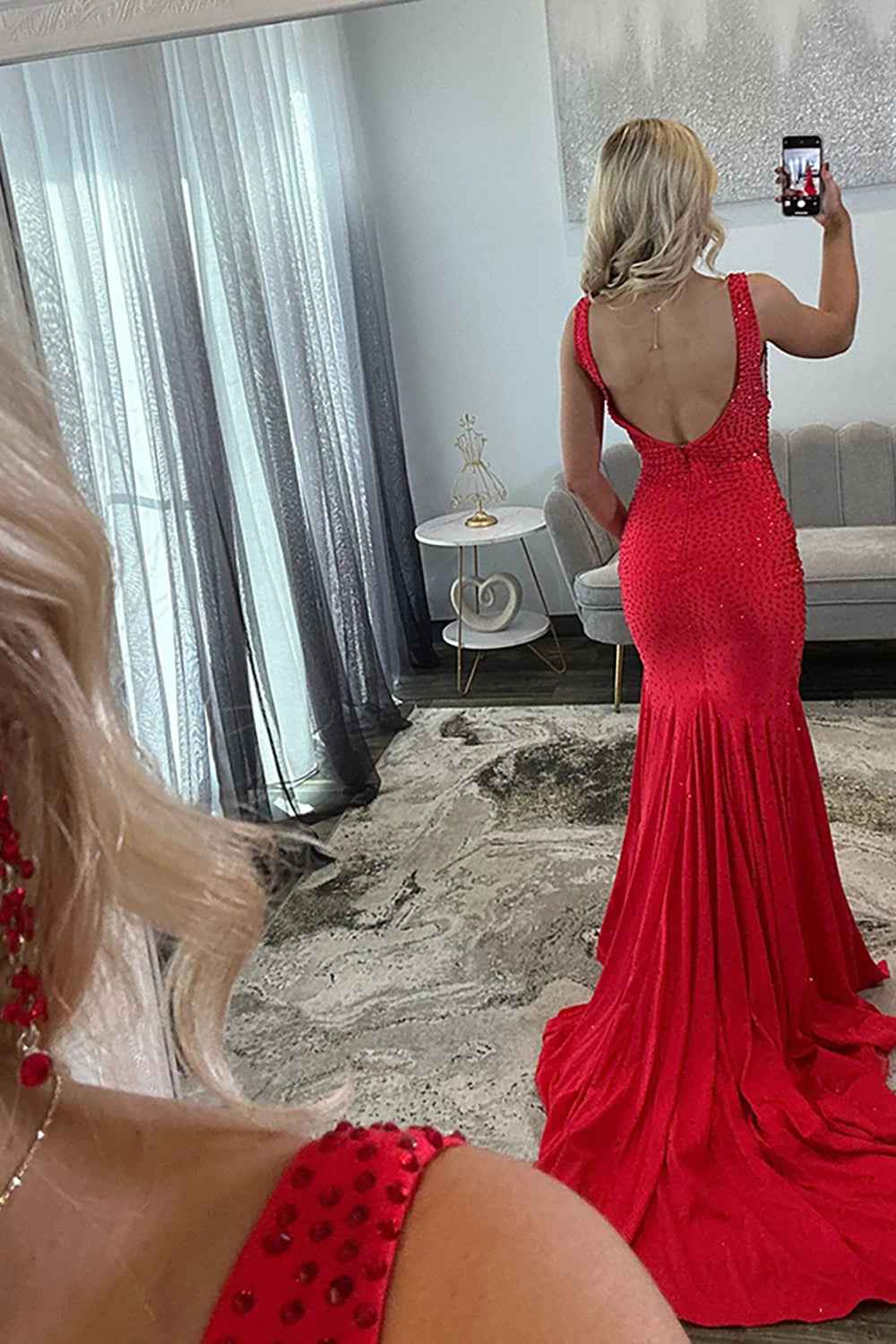 Sparkly Peacock Blue Mermaid V Neck Beaded Long Prom Dress With Slit