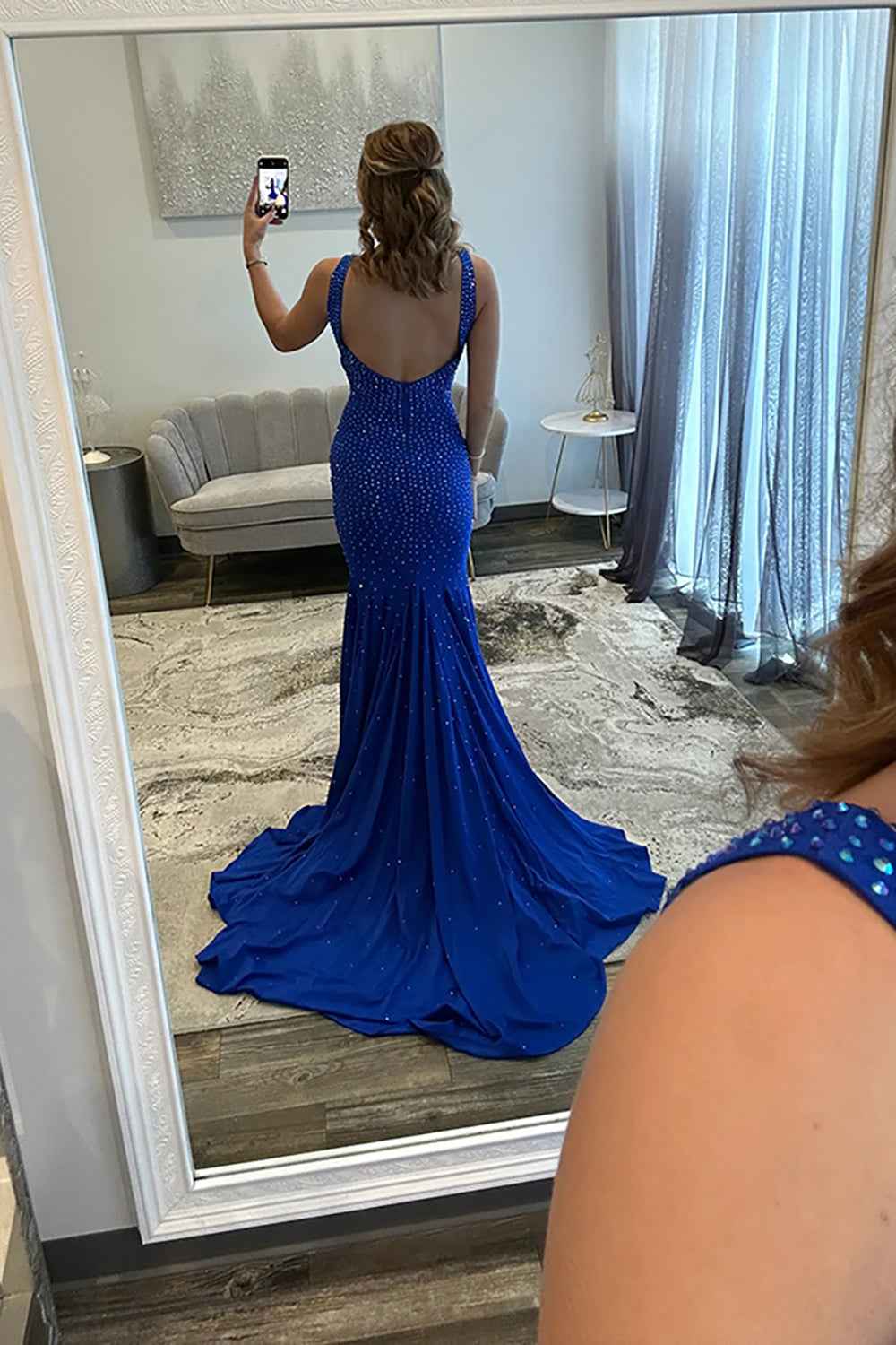 Sparkly Peacock Blue Mermaid V Neck Beaded Long Prom Dress With Slit