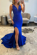 Sparkly Peacock Blue Mermaid V Neck Beaded Long Prom Dress With Slit