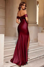 Elegant Burgundy Off Shoulder Mermaid Long Prom Dress With Slit