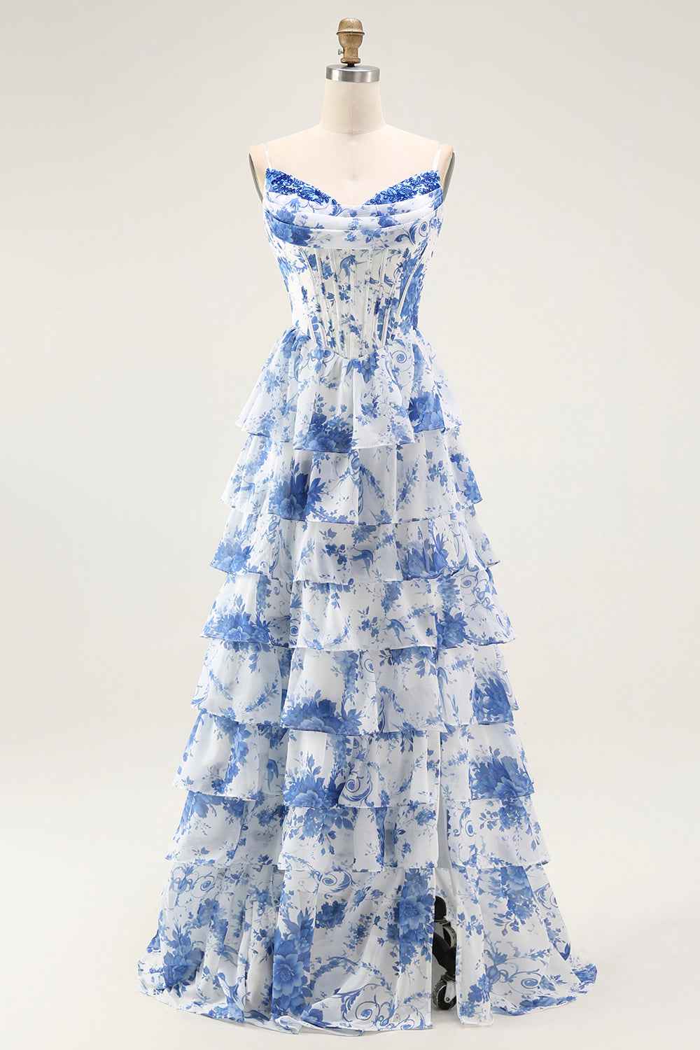 Floral Blue A Line Corset Tiered Long Chiffon Prom Dress With Slit