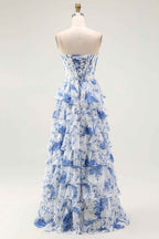 Floral Blue A Line Corset Tiered Long Chiffon Prom Dress With Slit