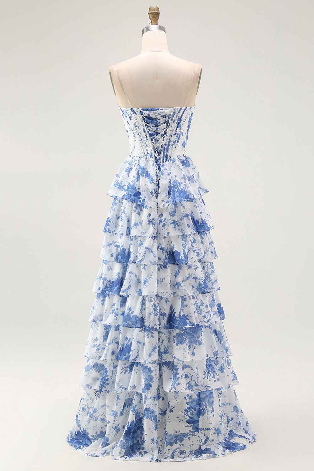 Floral Blue A Line Corset Tiered Long Chiffon Prom Dress With Slit