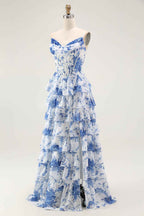 Floral Blue A Line Corset Tiered Long Chiffon Prom Dress With Slit
