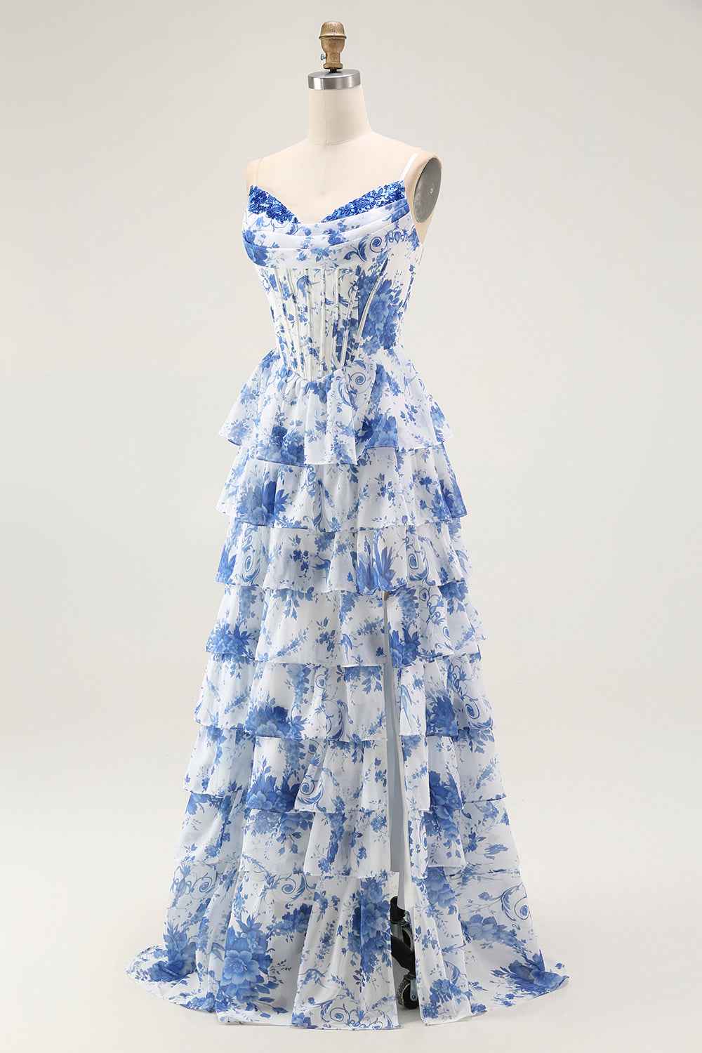 Floral Blue A Line Corset Tiered Long Chiffon Prom Dress With Slit
