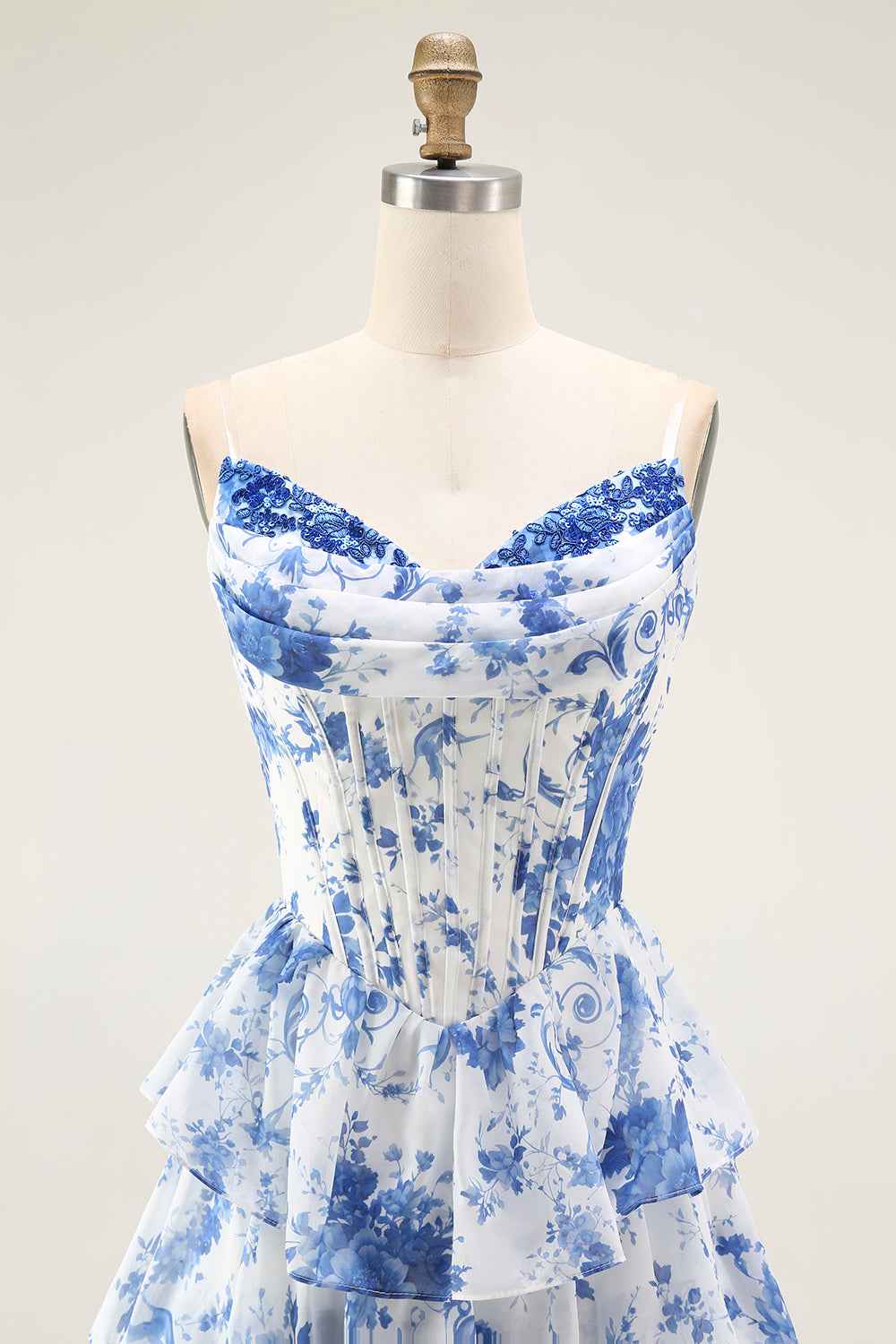 Floral Blue A Line Corset Tiered Long Chiffon Prom Dress With Slit