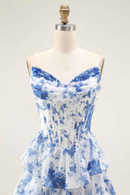 Floral Blue A Line Corset Tiered Long Chiffon Prom Dress With Slit