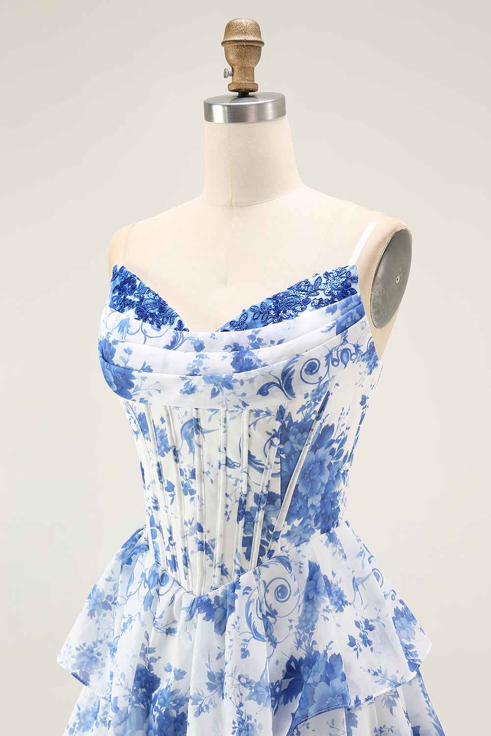 Floral Blue A Line Corset Tiered Long Chiffon Prom Dress With Slit
