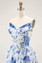 Floral Blue A Line Corset Tiered Long Chiffon Prom Dress With Slit