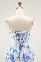 Floral Blue A Line Corset Tiered Long Chiffon Prom Dress With Slit