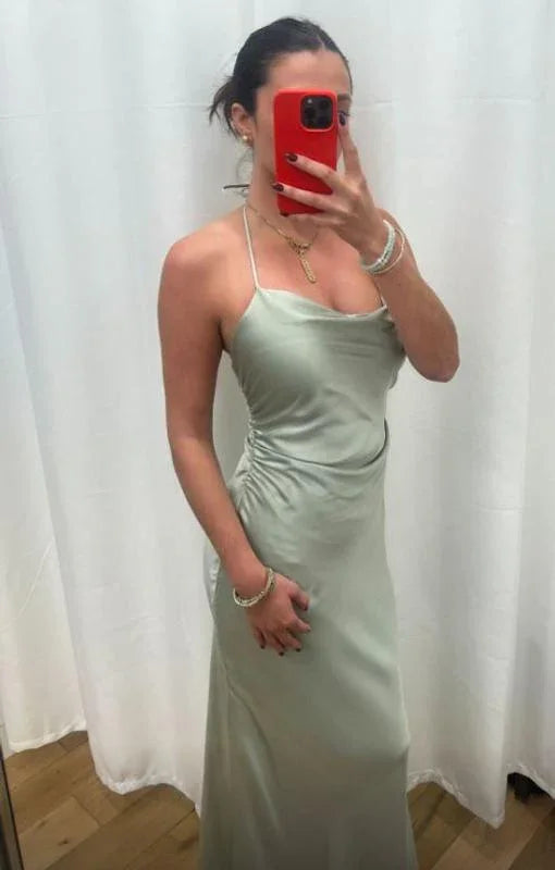 Vestido de Cetim Verde-Sálvia com Decote Halter, Modelo Tubinho, Vestido Longo de Baile Y8457