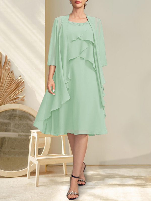 A-Linie U-Ausschnitt Knielang Chiffon Kleid für die Brautmutter mit Perlenbesatz