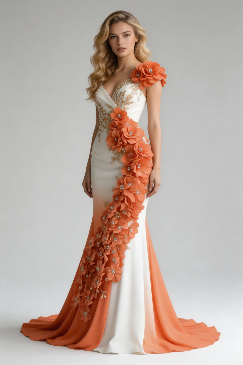 Abito da sera elegante a sirena in chiffon con applicazioni di peonie