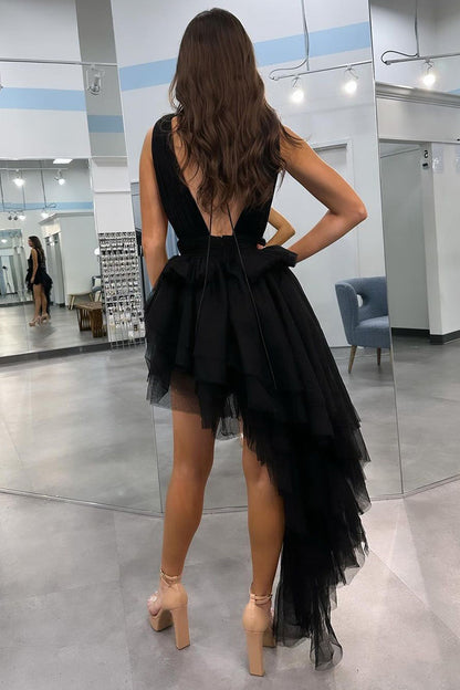 Roycebridal Black V Neck Irregular Hem A-Line Prom Dresses