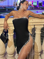 TARUXY Side Split Minikleid für Frauen Strass Quasten Sexy Kleider Damen Club Party Mode Ärmelloses Abendkleid Frau 